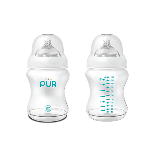 Pur clear wide-neck baby feeding bottle set, front and back view, 250ml – Leather and Kids