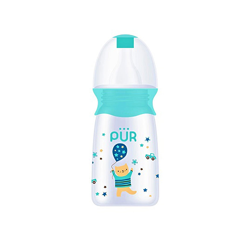 Pur wide-neck baby feeding bottle with teal cap and cat balloon print – Leather and Kids