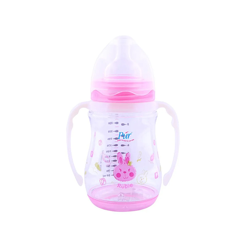 Pur wide-neck baby feeding bottle with pink handles and bunny print – Leather and Kids