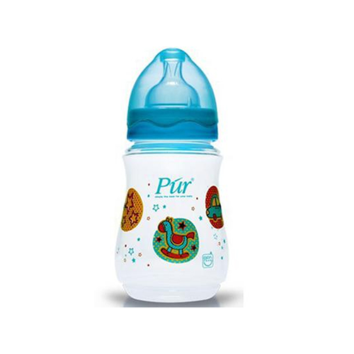 Pur wide-neck baby feeding bottle with blue cap and rocking horse print – Leather and Kids