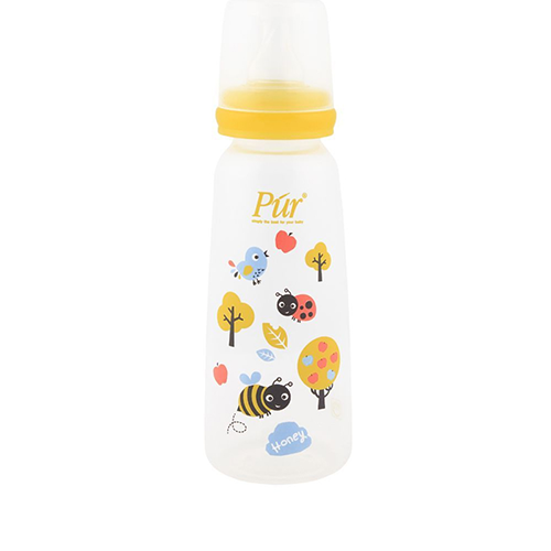 Pur narrow-neck baby feeding bottle with yellow cap and garden print – Leather and Kids