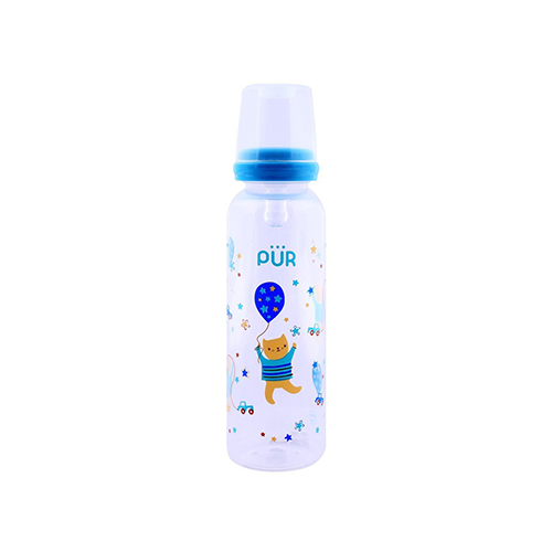 Pur narrow-neck baby feeding bottle with blue cap and cat balloon print – Leather and Kids