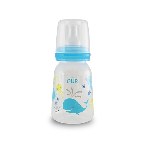 Pur narrow-neck baby feeding bottle with blue cap and whale print – Leather and Kids
