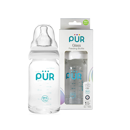 Pur Glass Feeding Bottle with box, 130ml, BPA-free – Leather and Kids