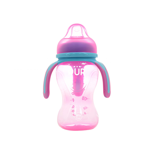 Pink sippy cup with teal handles and floral print – Leather and Kids