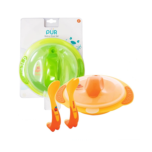 Leather and Kids PUR green and orange walrus feeding bowl set with spoons