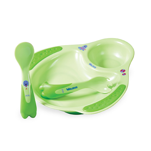 Leather and Kids PUR green walrus sectioned feeding plate with spoon and fork
