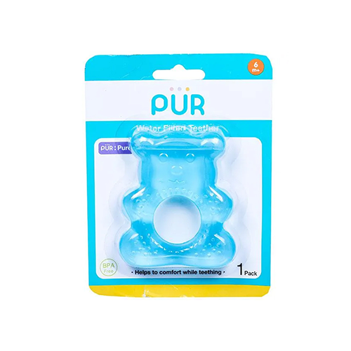 Leather and Kids PUR blue bear shaped water filled teether packaging