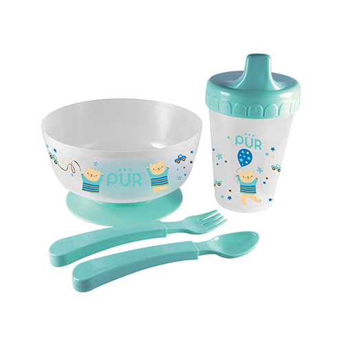Leather and Kids PUR teal white feeding set with bowl cup spoon fork