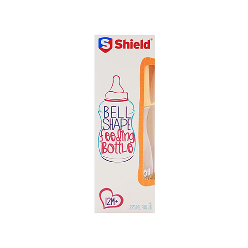Shield bell shape feeding bottle box packaging with orange bottle, Leather and Kids