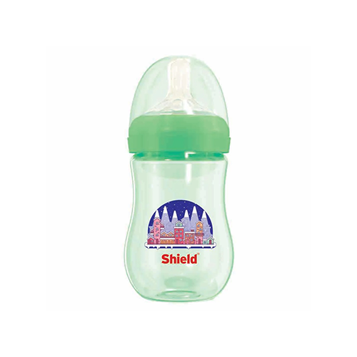 Leather and Kids green wide neck baby bottle with city print and Shield logo