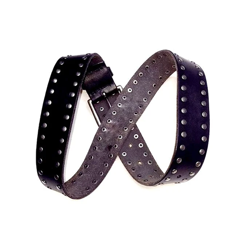 Men's black studded leather belt twisted into a figure-eight loop showing rows of round metal studs on the black outer side and a grey rough-textured underside with rivet backs