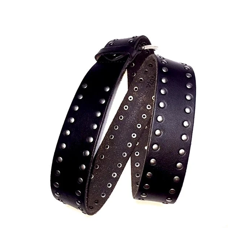 Men's black leather studded belt coiled in loops with two rows of round metal studs along the edges and a dark brown underside with rivet backs on a white background