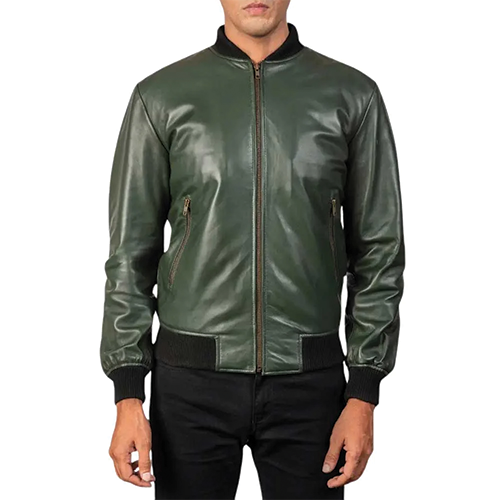Men's Green Leather Bomber Jacket – Straight Front View | Leather and Kids Straight front view of men's green leather bomber jacket with zip front and ribbed hem – Leather and Kids