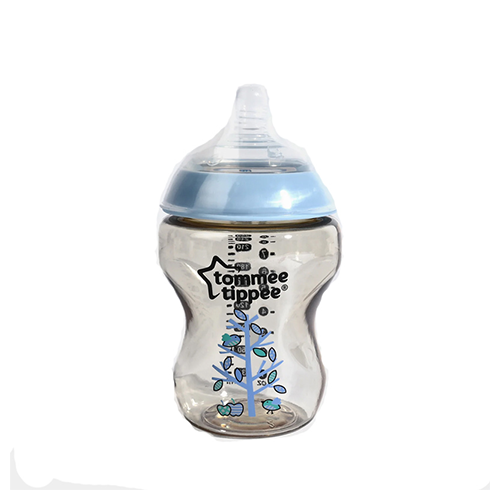 Leather and Kids Tommee Tippee bottle with blue cap and bird tree print
