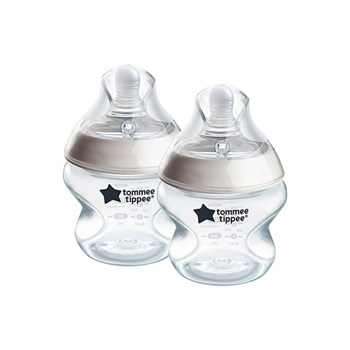 Two clear Tommee Tippee baby bottles with curved base, Leather and Kids