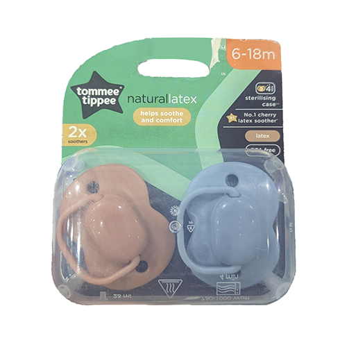 Tommee Tippee natural latex soothers 2 pack for 6-18 months in tan and blue with sterilising case