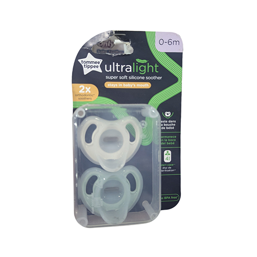 Tommee Tippee ultra light super soft silicone soothers 2 pack for 0-6 months in a clear sterilising case