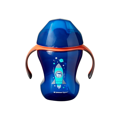 Leather and Kids blue Tommee Tippee sippy cup with rocket print and handles