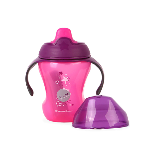 Leather and Kids pink Tommee Tippee sippy cup with purple lid and planet print