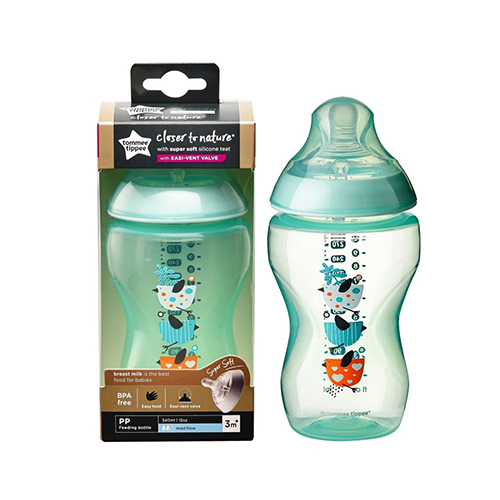 Tommee Tippee Closer to Nature Feeding Bottle with Bird Print and Box – Leather and Kids Leather and Kids teal Tommee Tippee Closer to Nature bottle with packaging box