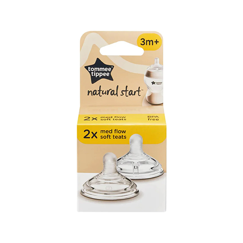 Tommee Tippee natural start medium flow soft teats 2 pack for 3 months plus with two clear teats in front