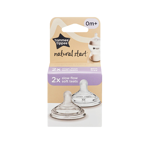 Tommee Tippee natural start slow flow soft teats 2 pack for newborns 0 months plus with two clear teats in front