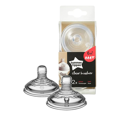 Tommee Tippee closer to nature baby bottle teats 2 pack for 6 months plus with two clear teats in front of the box