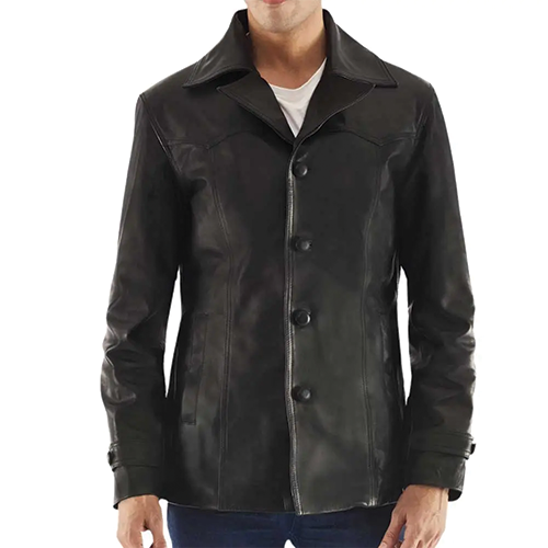 Men's Black Leather Button-Front Coat – Leather and Kids Men's black leather button-front coat with wide lapel collar and snap-tab cuffs, Leather and Kids
