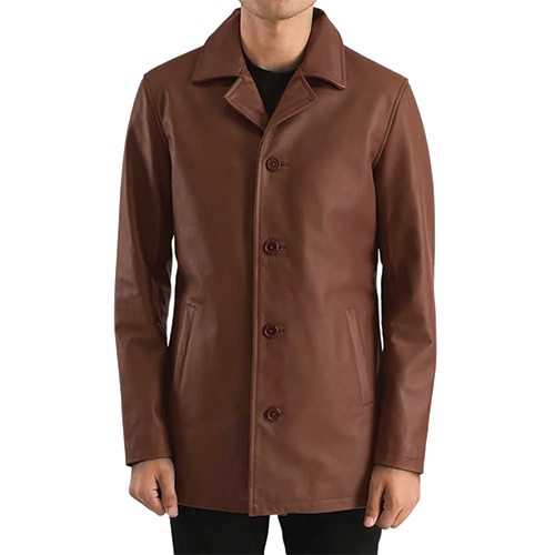 Brown Leather Button-Front Coat – Front View | Leather and Kids Front view of men's brown leather button-front coat with wide collar and dual welt pockets, Leather and Kids