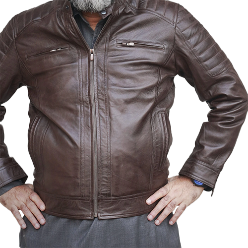 Men's vintage brown leather jacket with quilted shoulder panels and zip pockets – Leather and Kids