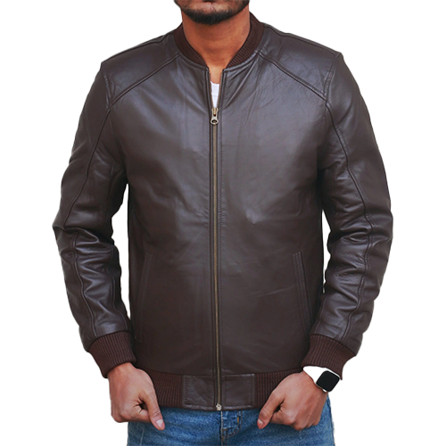 Men's brown leather bomber jacket with ribbed collar and zip-front closure – Leather and Kids