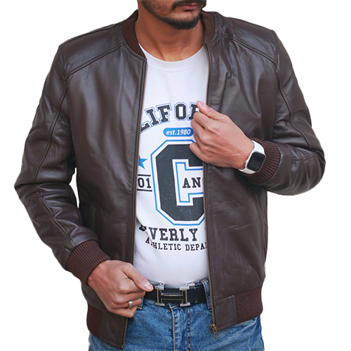Men's vintage brown leather bomber jacket worn open with ribbed trim – Leather and Kids