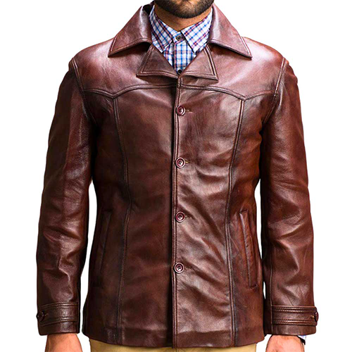 Men's vintage brown leather coat with pointed collar and button-front closure – Leather and Kids