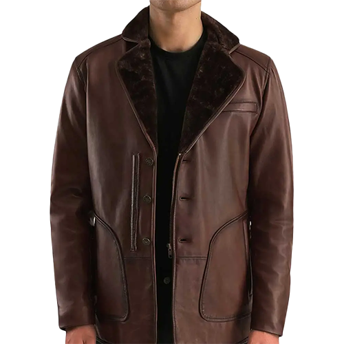 Men's brown leather jacket with shearling collar and button-front closure – Leather and Kids