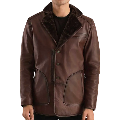 Front view of men's brown leather jacket with shearling collar and curved patch pockets – Leather and Kids