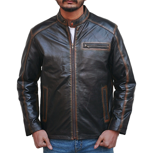 Front view of men's distressed black leather biker jacket fully zipped with snap collar – Leather and Kids