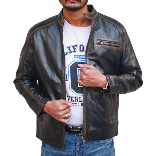 Men's distressed brown-black leather biker jacket with zip pockets and stand collar – Leather and Kids