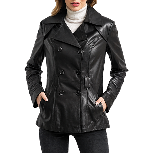 Women Black Leather Double-Breasted Coat | Leather and Kids Woman wearing a Women Black Leather Double-Breasted Coat with a wide notch lapel, fitted waist, and front slip pockets, styled over a white top.